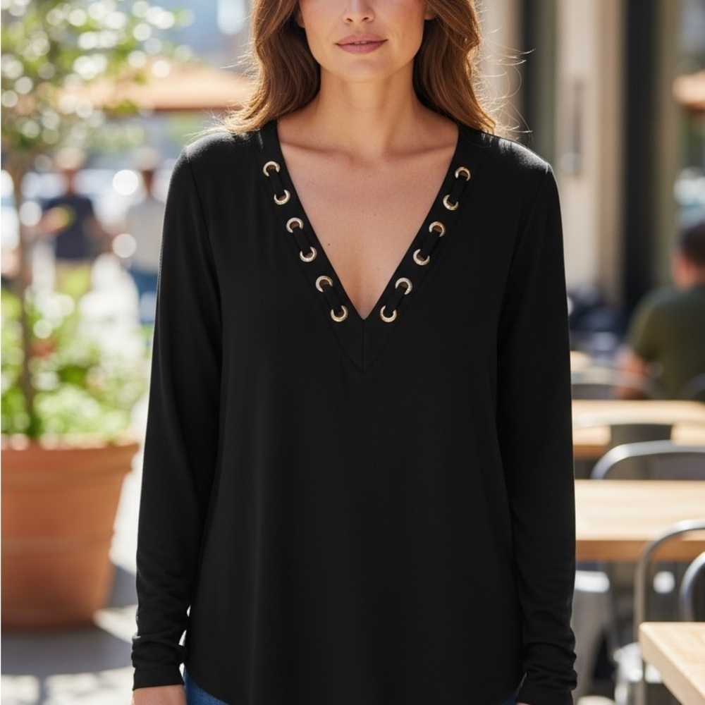 Tahari Navy Grommet V-Neck Blouse